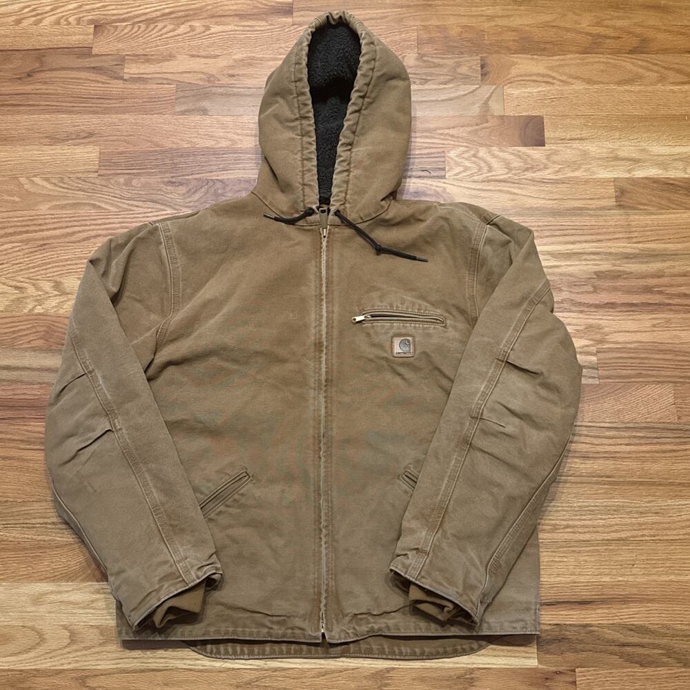 Carhartt Hooded Work Jacket Men’s Large Brown Sherpa Lined J141211 Duck Canvas